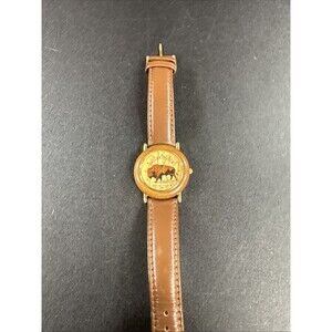 Natures Time  Buffalo Quartz Watch 34mm Round Gold Tone Wood Dial & Bezel